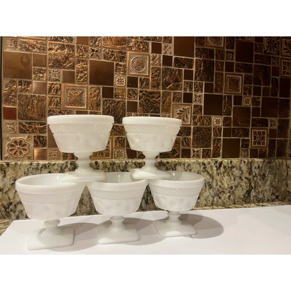 Set of 5 Vintage Milk‎ Glass Hobnail Pedestal Dessert Cups Goblets